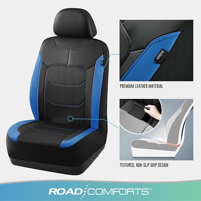 Road Comforts Seat Covers, Premium Leather Car Seat Covers Full Set,Airbag Compatible, Automotive Seat Covers Universal Fit Most Cars,Vans,Truck,SUV,Blue