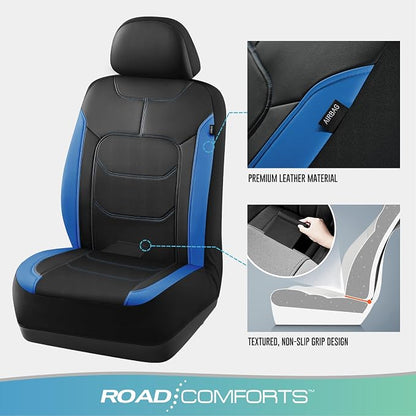 Road Comforts Seat Covers, Premium Leather Car Seat Covers Full Set,Airbag Compatible, Automotive Seat Covers Universal Fit Most Cars,Vans,Truck,SUV,Blue