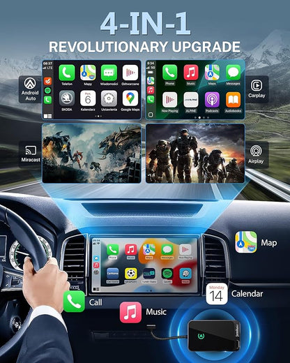 Jemluse Wireless CarPlay Adapter for Apple iPhone - 4-in-1 USB-A Dongle to Convert Wired to Wireless Car Play Adapter - Android Auto, AirPlay, Miracast(Jet Gray)