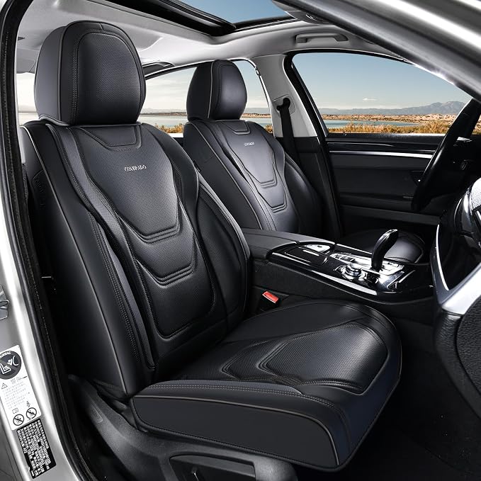 Coverado Car Seat Covers Front Seats, 2 Piece Car Seat Protector Waterproof Leather Seat Cushion Universal Fit for Truck Automotive Vehicles Black