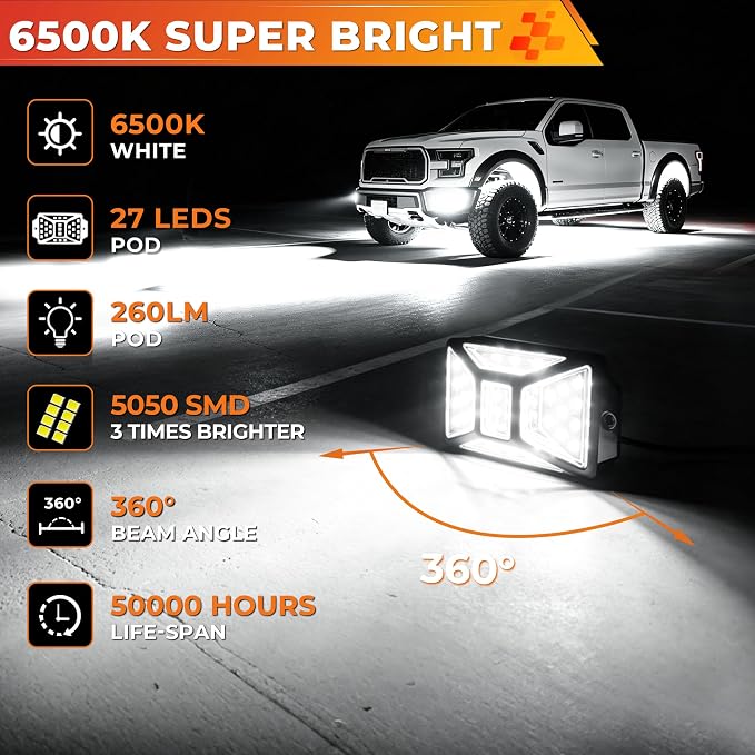 4 Pods Pure White LED Rock Lights Kit with Switch Wiring Harness,6500K 108 LEDs Bright Rock Lights for Trucks,Waterproof Underglow Light for Car Jeep Off Road ATV UTV SUV(Patented)