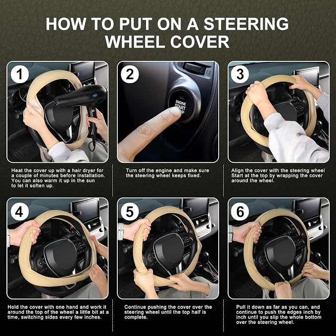 SEG Direct Steering Wheel Cover 14.5-15 inch (37-39 cm) Medium Size, Microfiber Leather, Non-Slip Comfortable Grip, Fits Cars Trucks SUVs, Beige