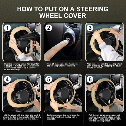 SEG Direct Steering Wheel Cover 14.5-15 inch (37-39 cm) Medium Size, Microfiber Leather, Non-Slip Comfortable Grip, Fits Cars Trucks SUVs, Beige