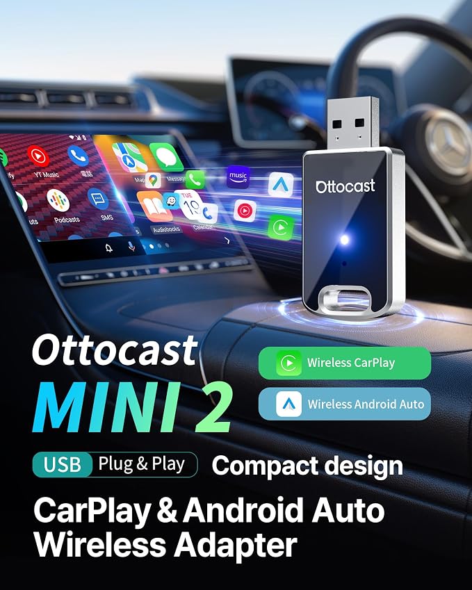OTTOCAST Mini Edge, 2 in 1 Wireless Carplay Adapter & Wireless Android Auto Adapter for Apple iPhone Samsung or other AndroidPhone, USB Bluetooth Car Accessories for OEM Wired Carplay/Android Auto Car