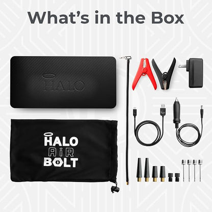 HALO Bolt Air 58830 Portable Car Battery Jump Starter | 100 PSI Air Compressor, 58.8Wh USB Power Bank, Emergency Floodlight & Charger, Jumps Cars SUVs & Trucks, Inflates Tires, TSA Approved — Black