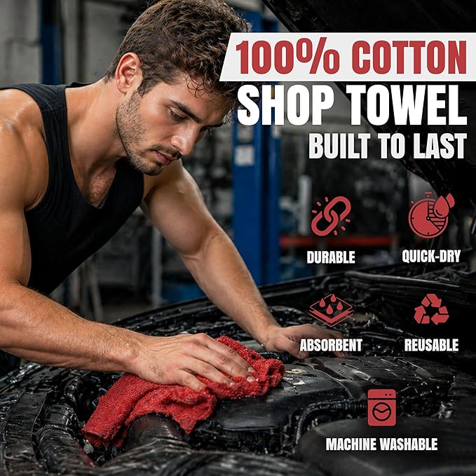 Shop Towels (Red, 2000-Pack) - Bulk Cleaning Towel in a Bag, Mechanic Cotton Wipes for Car Maintenance, Auto Mechanics & Garage, Wipe Grease & Oil, Machine Wash & Reusable