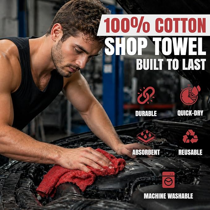 Auto Mechanic Shop Towels (13"x14"), 12 Pack Red - 100% Cotton Commercial Grade Rags for Cleaning & Maintenance, Garage Supplies - Professional Mechanics Reusable Wipes