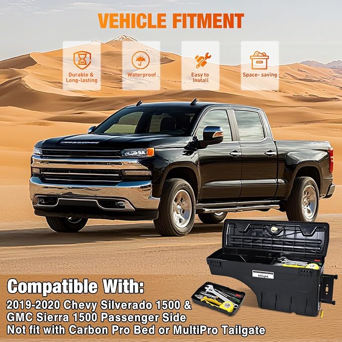 Nilight Truck Bed Tool Box Passenger Side Truck Tool Box Fit for Chevrolet Silverado 1500 GMC Sierra 1500 2019 2020 ABS Swing Case Truck Bed Storage Box with Lockable Lid Waterproof Wheel Well Toolbox