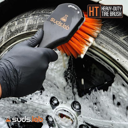 SudsLab HT Wheel and Tire Brush - Rim Cleaner Wheel Brush for Cleaning Car, Truck, Auto, Motorcycle, Detailing Tools, Curved Shape, Black, 8.5 Inch x 3 Inch x 3 Inch