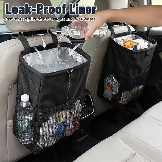 3.5 Gallon Leak-Proof Car Trash Can with Hook and Loop Lid and Handle, Waterproof Portable Hanging Auto Garbage Bag, Large Capacity Waste Bin for SUV, Truck, RV, Camping & Office (Black)