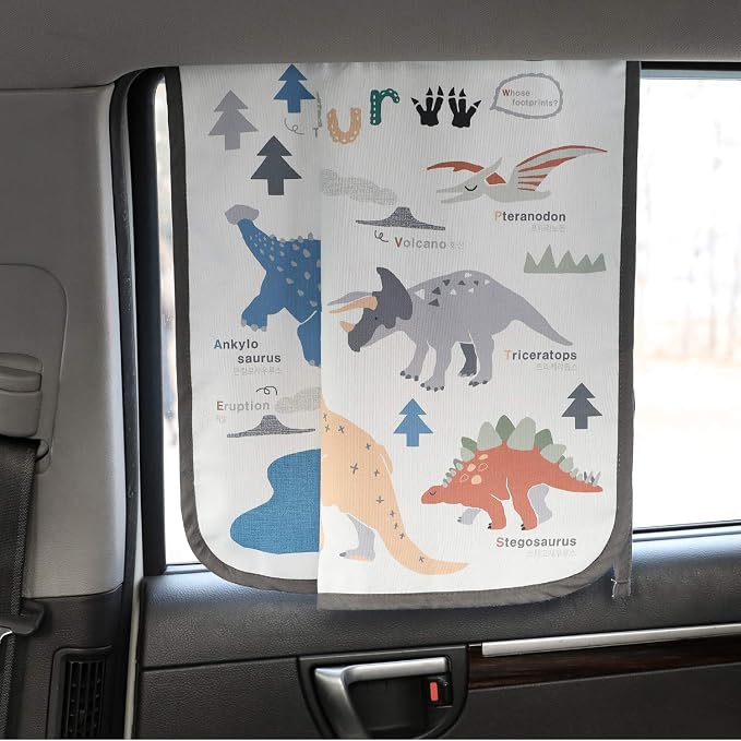 Magnetic Car Sun Shade Curtain for Side Window – Sun Blocker and UV Protector for Baby, Kids, and Pets – Universal Fit with Built-in Magnets for Steel-Framed Door (Dinosaur)