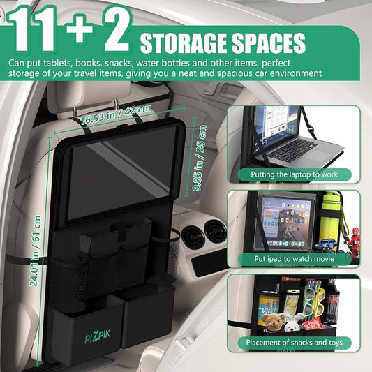 Plzpik Car Backseat Organizer with Tray(1Pack),13Storage Pockets with Foldable Food Tray, Protector Kick Mats for Kids, Travel Accessories Organizer (Black)