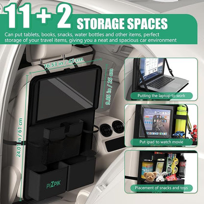 Plzpik Car Backseat Organizer with Tray(2Pack),13 Storage Pockets with Foldable Food Tray, Protector Kick Mats for Kids, Travel Accessories Organizer (Black)