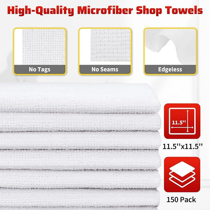 White Microfiber Cleaning Cloth, 150 Pack Shop Towels All-Purpose Cleaning Rags, Bulk Lint-Free Washcloth Reusable Microfiber Towels for Cars Mechanic Garage & Housekeeping 11.5"*11.5"