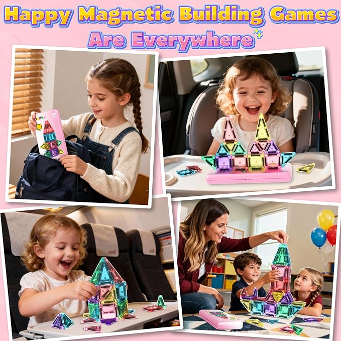 ORZbb Mini Magnetic Tiles Toddler Travel Essentials Set with Case, Magnetic Blocks Building Montessori Educational Learning Sensory Preschool Toys for 3+ Year Old Boys Girls Birthday Gifts