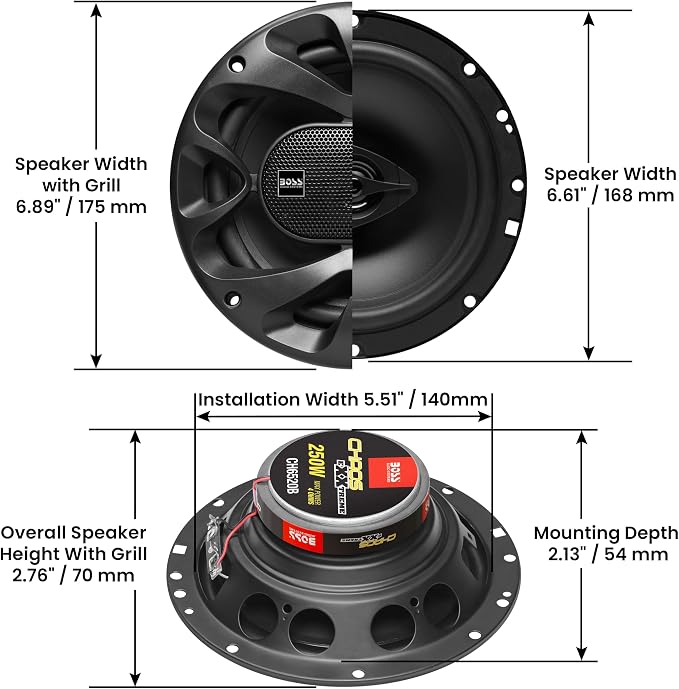 BOSS Audio Systems CH6520B 6.5 Inch Car Door Speakers - 250 Watts Max (Pair), Coaxial, 2 Way, Full Range, 4 Ohms, Sold in Pairs, Bocinas para Carro