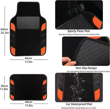 NBTEPEM 10 Pcs Car Floor Mats Full Set & Sport Leather Steering Wheel Cover 14.5-15 inch, Center Console Cover, Seat Belt Cushion, Cup Holder Coaster, Universal Automobile Interior Sets (Orange)