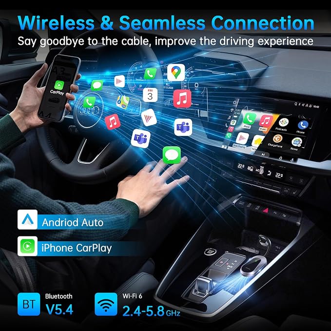 2026 Wireless CarPlay Adapter & Android Auto Wireless Adapter, Universal Plug & Play USB/Type-C, Titanium Alloy Fast Heat Dissipation, LED Music Sync Light, Fits 1000+ Car Models