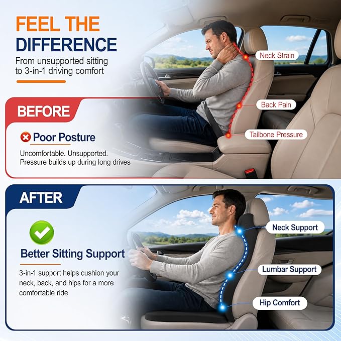 2 Piece Car Seat Cushion Set: 3-in-1 Memory Foam Driver Seat Cushion, Integrated Lumbar Support with Headrest Pillow for Pain Relief, Back Support with Neck Pillow for Car, Truck, SUV - Black