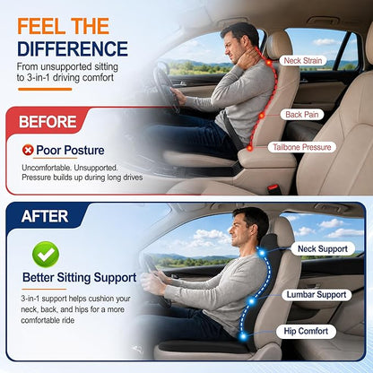 2 Piece Car Seat Cushion Set: 3-in-1 Memory Foam Driver Seat Cushion, Integrated Lumbar Support with Headrest Pillow for Pain Relief, Back Support with Neck Pillow for Car, Truck, SUV - Black
