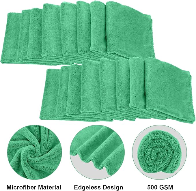 Shimeyao 30 Pcs 16 x 16 Inch Edgeless Microfiber Plush Towels for Cars Detailing Drying Wash Polishing Absorbent Cleaning Cloths, 500 GSM (Grass Green)
