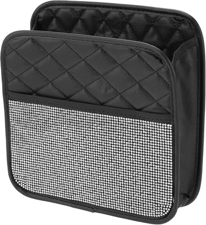1 Pcs Universal Car Trash Can Hanging 10.2" Length 3.5" Width 10.2" Height Trash Bin Silver Tone Black Faux Leather Rhinestone
