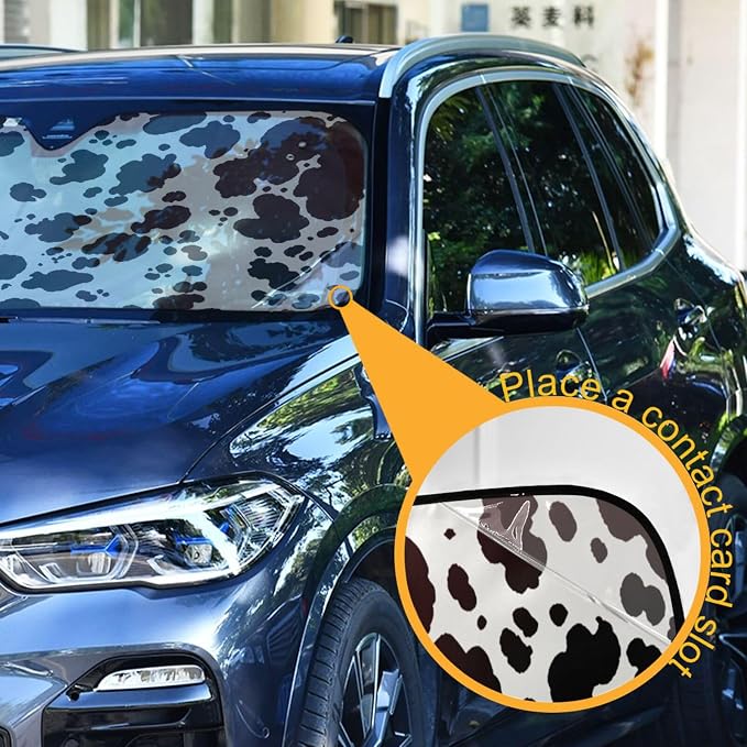 Windshield Sun Shade Cow Print Brown Farm Ram Front Window Block UV Shades Visor Reflective Retractable for Car SUV Trucks