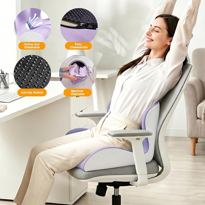 Seat Cushion for Office Chair and Car – L-Shaped Ergonomic Seat Cushions for Stability & Anti-Slip, Orthopedic Cushion for Sciatica, Back & Tailbone Pain Relief,Purple & Light Gray