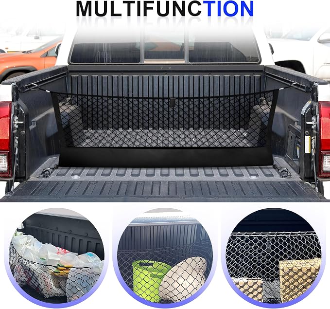 Truck Bed Cargo Net for Toyota Tacoma 2005-2024, Envelope Style Pickup Cargo Net with Storage Bag, Heavy Duty Elastic Mesh Organizer with Carabiners, Secures Groceries & Gear
