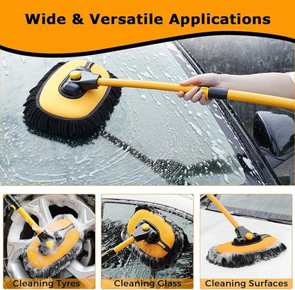 WillingHeart 15° Curved Car Wash Brush with Long Handle 43" Extension Pole RV Truck Microfiber Cleaning Mop Auto SUV Wheel Boat Exterior Interior Detailing 2 in 1 Carwash Duster Not Hurt Paint, Yellow