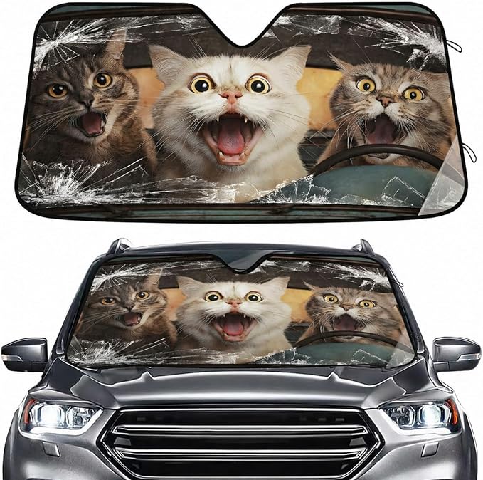 Funny Cats Drive Windshield Sun Shade for Car Auto SUV Truck Foldable Front Window Sunshade Sun Visor Protector Block UV Rays Reflect Heat, 55" x 28"