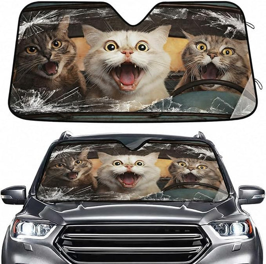 Funny Cats Drive Windshield Sun Shade for Car Auto SUV Truck Foldable Front Window Sunshade Sun Visor Protector Block UV Rays Reflect Heat, 55" x 28"