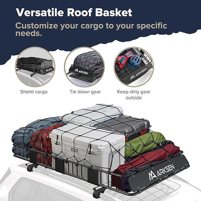 ARKSEN 84 x 50 x 6 Inch Universal Extra Wide 150LB Heavy Duty Roof Rack Cargo with Three Cargo Nets, Car Top Luggage Holder Carrier Basket for SUV, Truck, & Car Steel Construction
