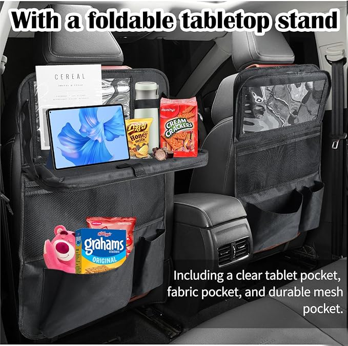 Car Backseat Organizer with Tablet Holder, 9 Storage Pockets with Foldable Food Tray, Kick Mats Back Seat Cover for Kids Road Trip Essentials Travel (1 Pack)
