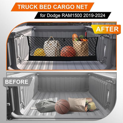 Truck Bed Cargo Net for Dodge Ram 1500 2019-2024 2025, Envelope Style Pickup Cargo Net with Storage Bag, Heavy Duty Elastic Mesh Organizer with Carabiners, Secures Groceries & Gear