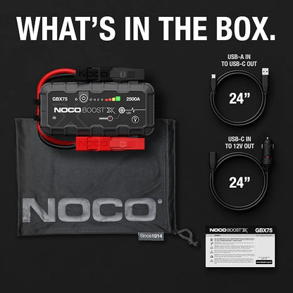NOCO Boost X GBX75: 2500A UltraSafe Jump Starter – 12V Lithium Battery Booster Pack, Portable Jump Box, Power Bank & Jumper Cables - for 8.5L Gas and 6.5L Diesel Engines