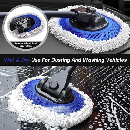 Ultimate Car Wash Brush with Long Handle | 15-Degree Curved Pole Design | Microfiber Brush Head | Adjustable Length | Wide Applications for Car, RV, Truck, Pickup | Car Wash Kit (Blue)
