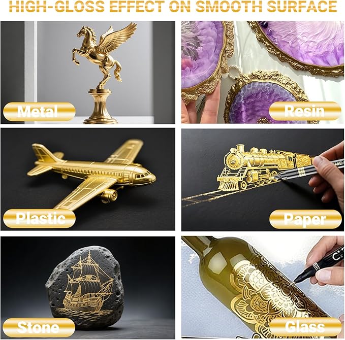 3Pcs Gold Liquid Mirror Chrome Markers, Permanent Reflective Metallic Gold Paint Pen, High Gloss Car DIY Model Painting, Touch Up Repair Kit for Plastic Metal Glass Fabric Ceremic Resins