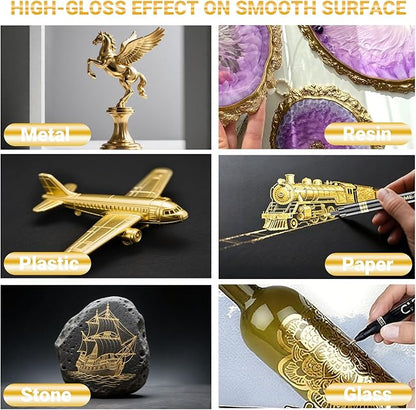 3Pcs Gold Liquid Mirror Chrome Markers, Permanent Reflective Metallic Gold Paint Pen, High Gloss Car DIY Model Painting, Touch Up Repair Kit for Plastic Metal Glass Fabric Ceremic Resins