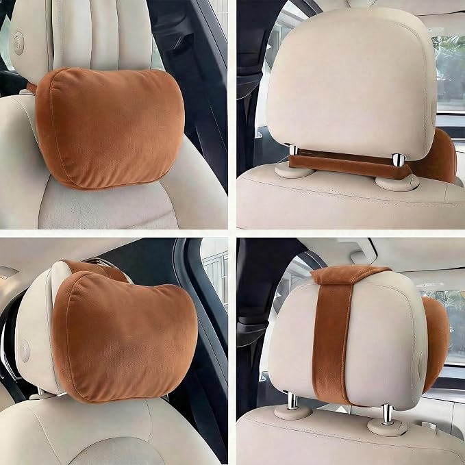 2PCS Car Pillow for Car Neck Pillow for Driving Seat Neck Support Soft Cushion Back Support Head-Rests for Vehicle Sleeping with Elastic Adjustment Strap (Brown, Head and Lumbar)