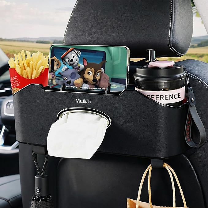 Mu&Ti Back Seat Car Organizer,4+2 in 1 Multifunctional Car Back Seat Storage Box with 2 Cup Holders, Tissue Box and Hook - Ideal for Kids and Travel(Black)