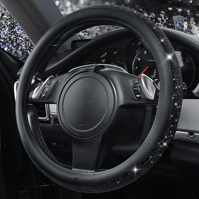 CAR PASS Bling Diamond Leather Steering Wheel Cover, With Sparkly Crystal Glitter Rhinestones Universal Fit 14"1/2-15" Car Wheel Protector for Women Girl Fit Suvs,Vans,Sedans,Car,Trucks, Black Diamond