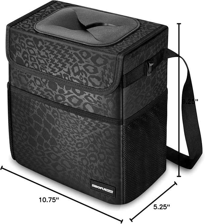 SIBOFUEGO Cute Car Trash Can with Lid – Multipurpose Collapsible Trash Bin for Car, Leak-Proof Organizer, Waterproof Garbage Can with Storage Pockets & Adjustable Straps, 2 Gallons (Black Leopard)