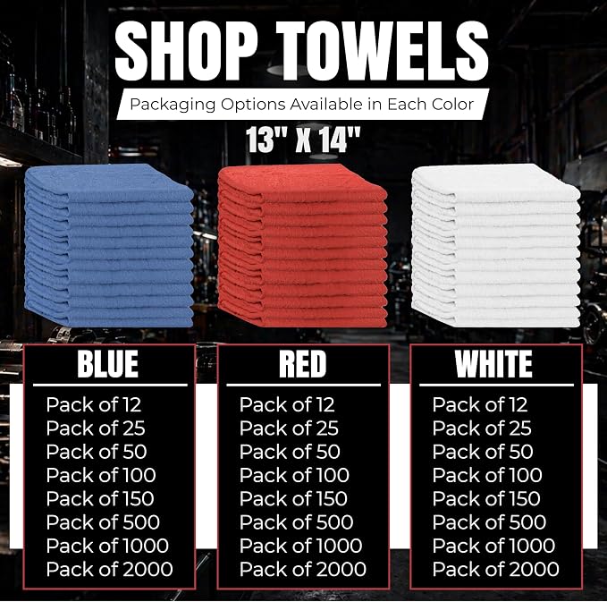 Shop Towels (White, 150-Pack) - Bulk Cleaning Towel in a Bag, Mechanic Cotton Wipes for Car Maintenance, Auto Mechanics & Garage, Wipe Grease & Oil, Machine Wash & Reusable