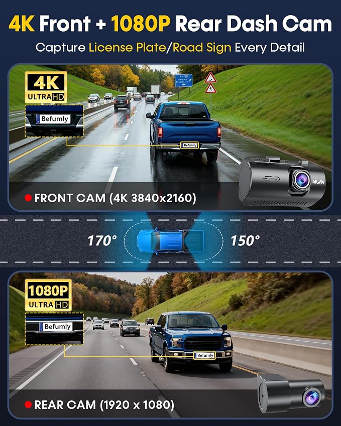 Front and Rear Dash Cam for Truck: 4K+1080P Dual Dash Camera for Pickup Ford F150 F250 Ram 1500-5G WiFi Quick Video Access 15-Min Install Record Every Moment for Accident Evidence by Befumly