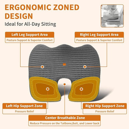 Gooo&Ma Car Seat Cushion & Office Chair Pad - Air Fiber Breathable U-Shape Cooling Cushion for Tailbone Comfort, Driving, Desk & Gaming, Ergonomic Washable Seat Pad with Non-Slip Base(Grey)