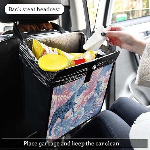 Car Trash Can Organizer Bin with Adjustable Strap for Back Front Seat Console Waterproof Leakproof Collapsible Portable 8.66 Inch Cute Cheetah and Palm Leaves