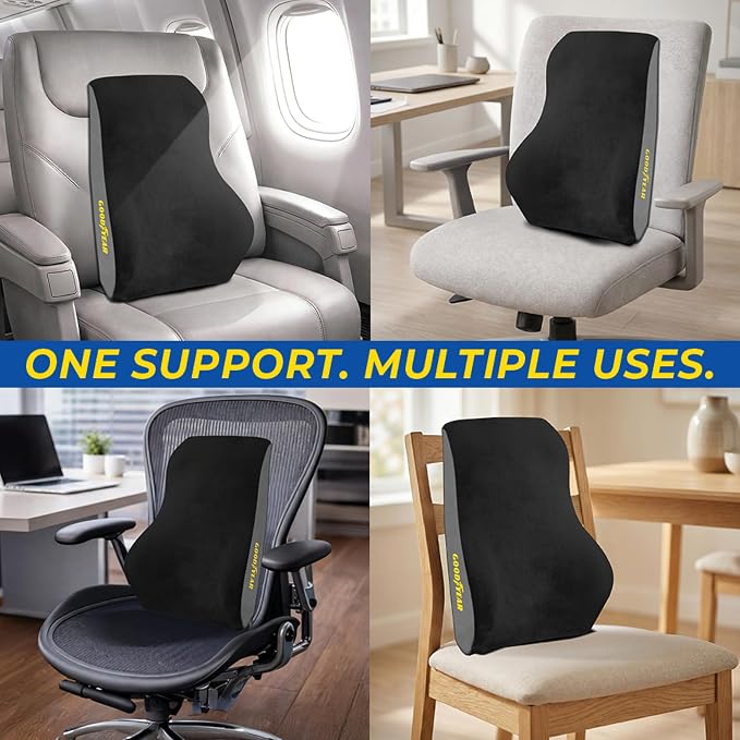 Goodyear Ergonomic Lumbar Support Pillow for Office Chair and Car Seat - Memory Foam Back Support Lumbar Pillow, Premium Cushion Chair Support for Lower Back Pain Relief and Versatile Use - Black
