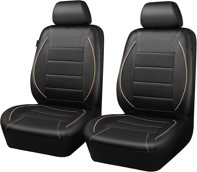 CAR PASS Universal FIT Piping Leather Two Front Seat Covers, Waterproof Faux Leather for SUV Sedan Van Truck, Airbag Compatible,Reserved Opening Holes for Headrest Covers. (Black and Beige)