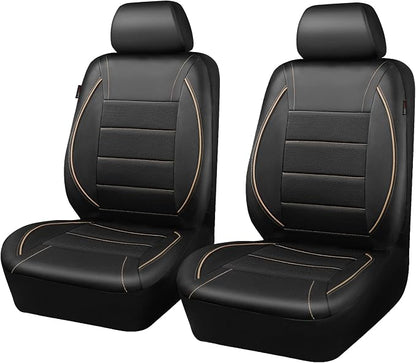 CAR PASS Universal FIT Piping Leather Two Front Seat Covers, Waterproof Faux Leather for SUV Sedan Van Truck, Airbag Compatible,Reserved Opening Holes for Headrest Covers. (Black and Beige)